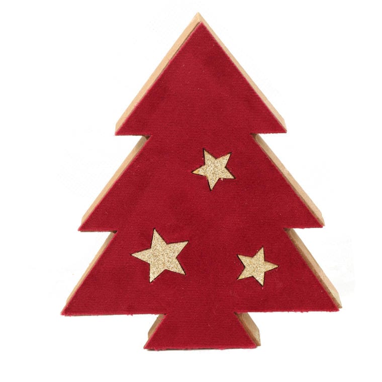 SY601100613 Czerwona Drewniana Choinka Pokryta Aksamitem z Złotymi Gwiazdkami - obrazek 1