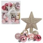 Zestaw 30 Luksusowych Różowych Bombek z Gwiazdą na Czubek do Dekoracji Choinki