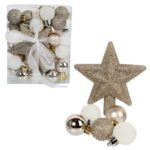 Zestaw 30 plastikowych bombek choinkowych z czubkiem w kształcie gwiazdy - Kolor złoty