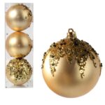 Kpl. 3 bombek plastikowych 8cm złote z cekinami