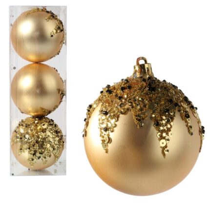 Kpl. 3 bombek plastikowych 8cm złote z cekinami