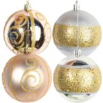 Zestaw 6 Bombek Plastikowych Srebrno-Złotych z Brokatowym Dekorem, 8 cm