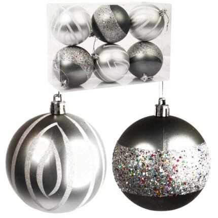 Komplet 6 Grafitowych Bombek Plastikowych o Średnicy 8 cm