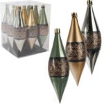 Zestaw 9 Plastikowych Bombek w Kształcie Sopli z Brokatowym Dekorem, 15 cm