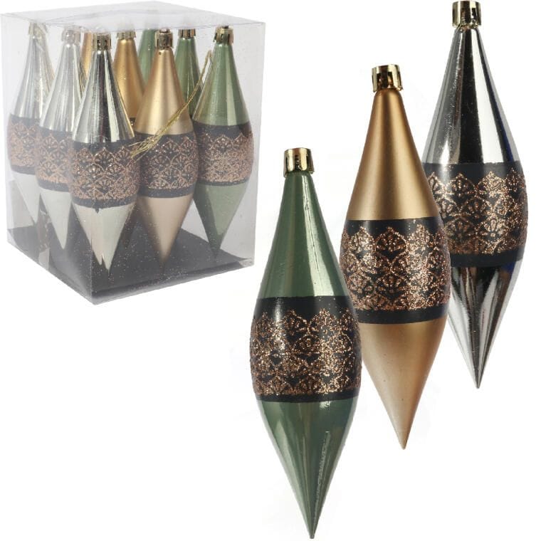 SZ7100Z Zestaw 9 Plastikowych Bombek w Kształcie Sopli z Brokatowym Dekorem, 15 cm - obrazek 1