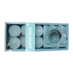 Błękitny Zestaw Tealight: 6 Świec i Szklany Świecznik w Kształcie Kwiatka