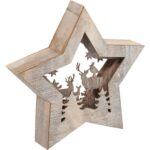 DEKORACJA ŚWIETLNA 10 LED DREWNIANA GWIAZDA Z RENIFERAMI 24 CM