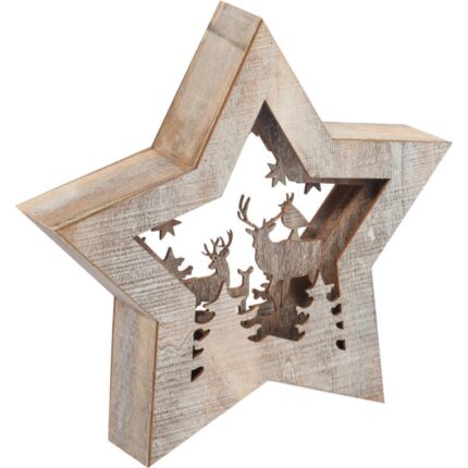 DEKORACJA ŚWIETLNA 10 LED DREWNIANA GWIAZDA Z RENIFERAMI 24 CM