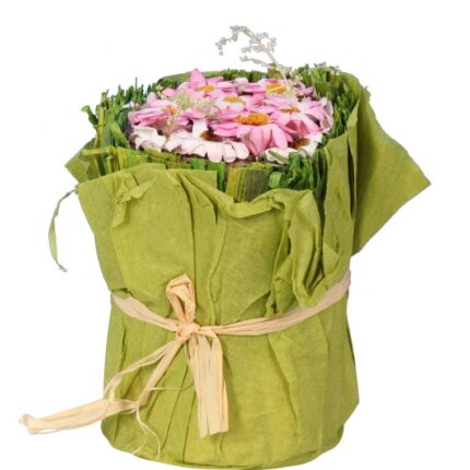 ZIELONA KOMPOZYCJA Z PAPIEROWYMI RÓŻOWYMI KWIATAMI 12CM