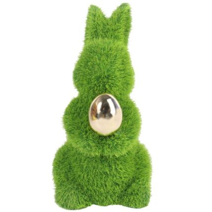 Zając flokowany ze złotym jajkiem 14 cm zielony