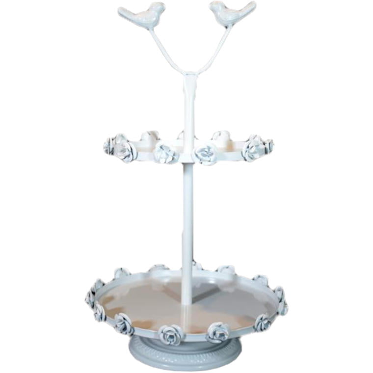 W834 Biała Dwupoziomowa Patera z Ptakami i Różami - obrazek 1