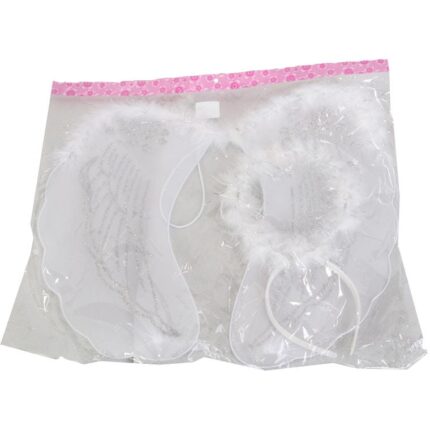 Biały Strój Anioła z Piórkami: Skrzydła na Gumkach i Opaska z Aureolą 48 cm