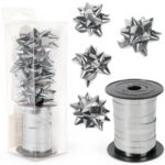 Zestaw do pakowania prezentów 1 wstążka 15 m+ 4 kokardki rozetki SREBRNY