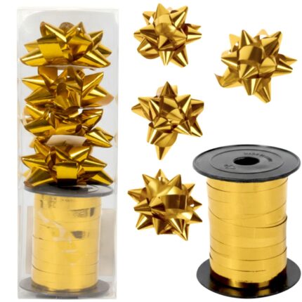 Zestaw do pakowania prezentów 1 wstążka 15 m+ 4 kokardki rozetki ZŁOTY