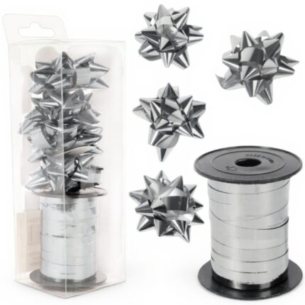 Zestaw do pakowania prezentów 1 wstążka 15 m+ 4 kokardki rozetki SREBRNY