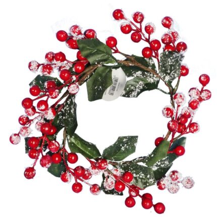 Wianek z jarzębiny z liśćmi ośnieżony 20 cm