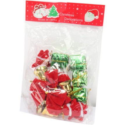 Zestaw Ozdób Bożonarodzeniowych KPL.16 - Mix: Mikołaje, Dzwonki, Paczuszki, Kokardki, Kolor: Czerwono-Zielono-Złoty