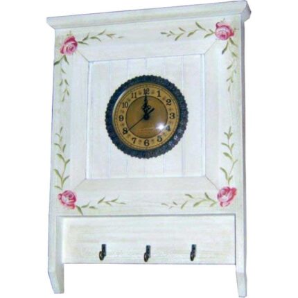 Zegar Wiszący w Stylu Prowansalskim z Wieszakami i Ręcznie Malowanymi Kwiatami, Biały, 49x36x5 cm