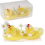 Zestaw Wielkanocnych Dekoracji: Żółte Kurki w Gniazdach z Jajkiem i Kwiatkami - 2 Sztuki, 6cm