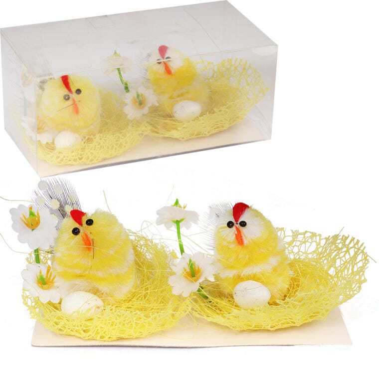 YX-6339-G2 Zestaw Wielkanocnych Dekoracji: Żółte Kurki w Gniazdach z Jajkiem i Kwiatkami - 2 Sztuki, 6cm - obrazek 1