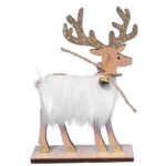 Drewniana Figurka Renifera z Bożonarodzeniowym Dzwonkiem w Sztucznym Futrze
