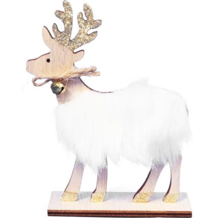 Dekoracyjny Renifer Drewniany z Futerkiem i Bożonarodzeniowym Dzwonkiem