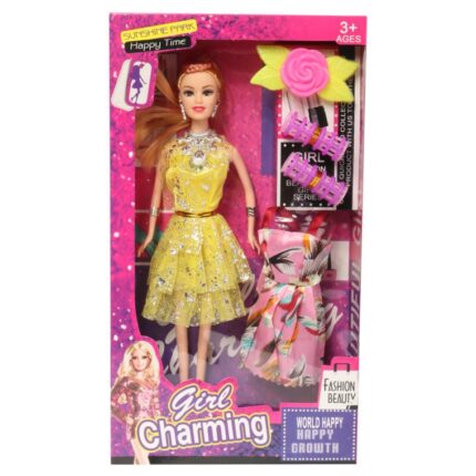 Interaktywny zestaw Lalka z Akcesoriami - Żółta Błyszcząca Sukienka