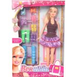 Lalka w sukience w cętki w zestawie z 8 parami butów