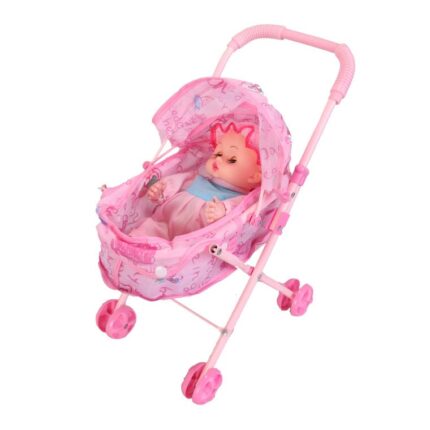 Różowy Wózek dla Lalek Składany z Lalką Wielkość 37x37x17 cm