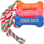 Pomarańczowy gryzak w kształcie kości z piszczkiem i sznurkiem dla psów - obrazek 2