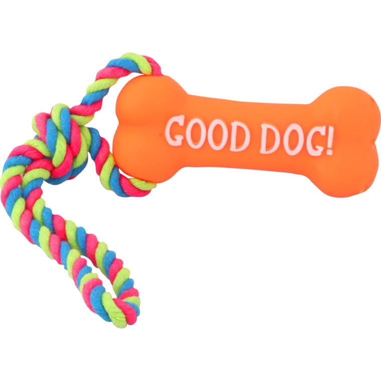 gum9pomaranczowy Pomarańczowy gryzak w kształcie kości z piszczkiem i sznurkiem dla psów - obrazek 1