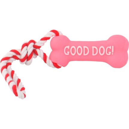 Gryzak piszczący różowy kość ze sznurkiem