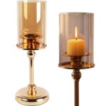 ELEGANCKI ZŁOTY ŚWIECZNIK ZE SZKLANYM CYLINDREM 35 CM
