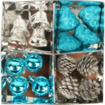 Komplet 16 Zawieszek Świątecznych - Dzwonki, Szyszki, Choinki, Bombki w Kolorze Turkusowo-Srebrnym