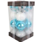 Komplet 16 Bombek Plastikowych 6 cm w Odcieniach Błękitu i Bieli z Brokatem w Eleganckim Opakowaniu