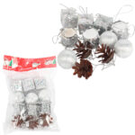 Komplet 12 ozdób bożonarodzeniowych mix z szyszkami SREBRNE