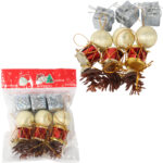 Komplet 12 ozdób bożonarodzeniowych mix z szyszkami SREBRNO CZERWONE