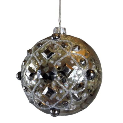 Bombka srebrna zdobiona szkiełkami i metalem 9cm