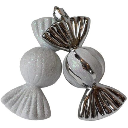 Zestaw 6 Srebrnych Bombek w Kształcie Cukierków z Brokatem