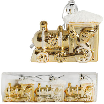 Zestaw 3 Bombek Bożonarodzeniowych w Kształcie LOKOMOTYWY 7 cm – Wytrzymałe i Dekoracyjne Ozdoby Świąteczne ZŁOTE