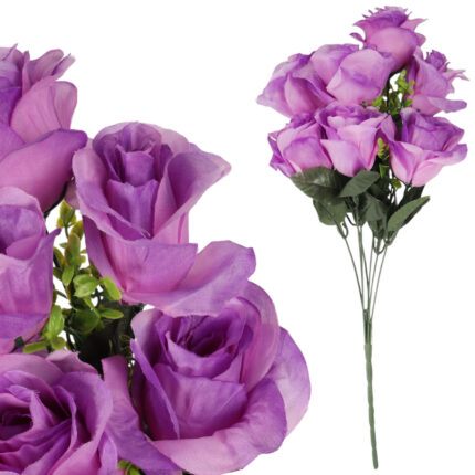 BUKIET 7 RÓŻ Z BUKSZPANEM fioletowy 52 cm
