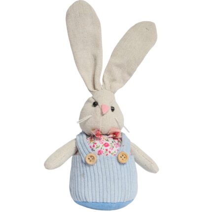 Zając STOJĄCY lniany Ozdoba Wielkanocna Figurka niebieska 19 cm