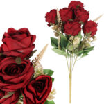 BUKIET 9 RÓŻ Z DODATKAMI sztuczne kwiaty do wazonu KOMPOZYCJA bordowa 46 cm
