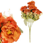 BUKIET 9 PIWONII Z DODATKAMI sztuczne kwiaty do wazonu KOMPOZYCJA pomarańczowa 37 cm